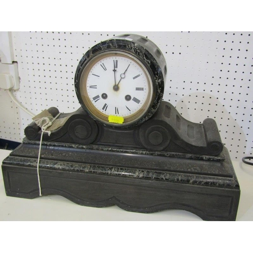 79 - VICTORIAN CLOCK, inlaid black marble drum cased mantel clock