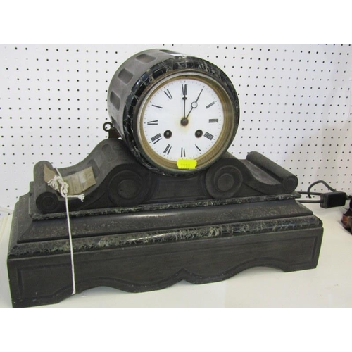 79 - VICTORIAN CLOCK, inlaid black marble drum cased mantel clock