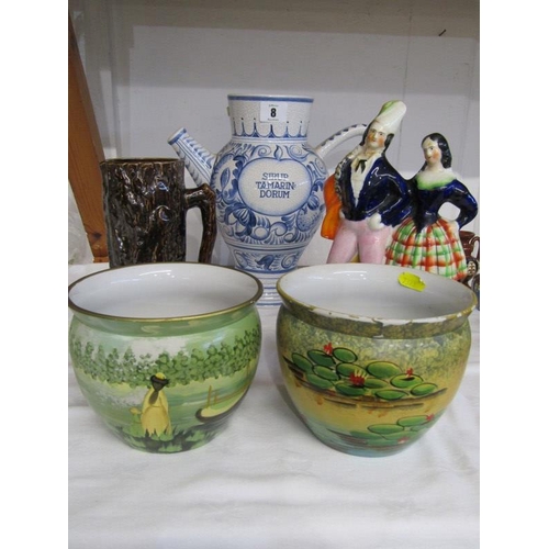 8 - REPLICA DELFT DRUG JAR, Staffordshire group a/f, treacle glaze jug and pair of painted small jardini... 