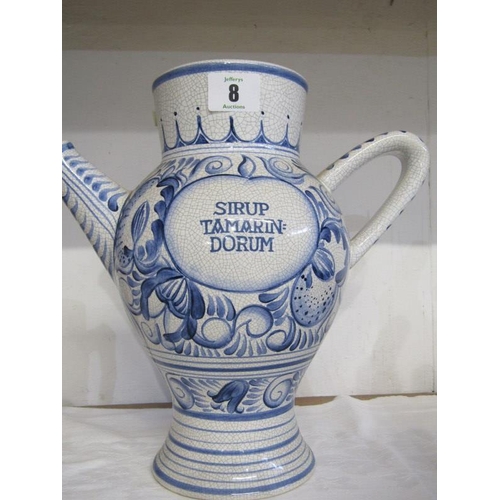 8 - REPLICA DELFT DRUG JAR, Staffordshire group a/f, treacle glaze jug and pair of painted small jardini... 