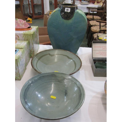 88 - STUDIO POTTERY, 2 glazed fruit bowls and turquoise glazed 39cm vase