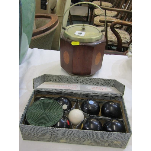 90 - ORIGINAL BOXED CARPET BOWLS, by B & A, together with vintage biscuitier