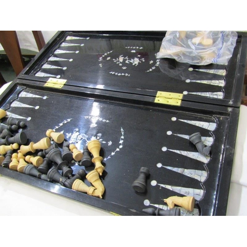 92 - EASTERN GAMES BOARD, mother of pearl inlaid folding board with chess pieces and draughts