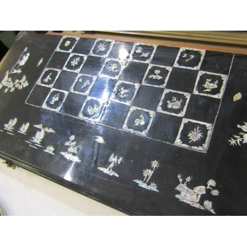 92 - EASTERN GAMES BOARD, mother of pearl inlaid folding board with chess pieces and draughts