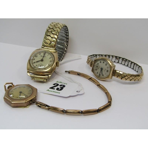 23 - GOLD CASED WATCHES, 3 vintage gold cased wrist watches on plated straps, 1 Optina with secondary dia... 