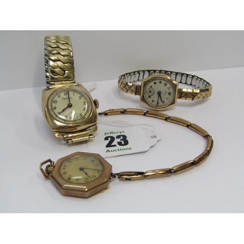 23 - GOLD CASED WATCHES, 3 vintage gold cased wrist watches on plated straps, 1 Optina with secondary dia... 