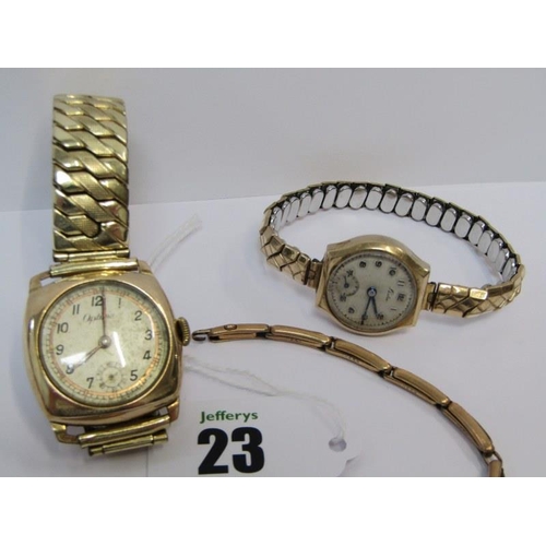 23 - GOLD CASED WATCHES, 3 vintage gold cased wrist watches on plated straps, 1 Optina with secondary dia... 