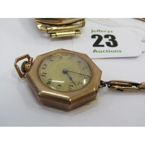 23 - GOLD CASED WATCHES, 3 vintage gold cased wrist watches on plated straps, 1 Optina with secondary dia... 