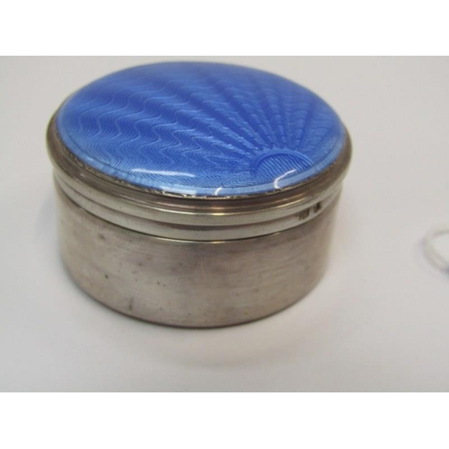 24 - SILVER & ENAMEL PILL BOX, circular silver pill box, the lid with blue enamel decoration, Birmingham ... 