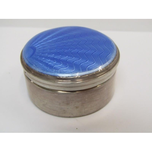 24 - SILVER & ENAMEL PILL BOX, circular silver pill box, the lid with blue enamel decoration, Birmingham ... 