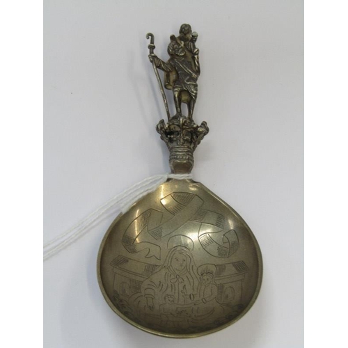 27 - CONTINENTAL SILVER SPOON, the finial in the form of a shepherd carrying a child, the bowl engraved f... 