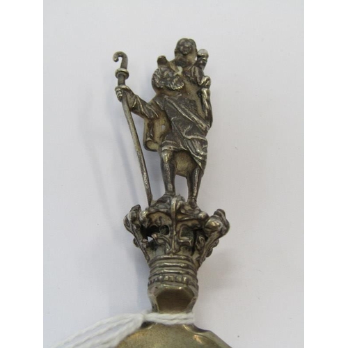 27 - CONTINENTAL SILVER SPOON, the finial in the form of a shepherd carrying a child, the bowl engraved f... 