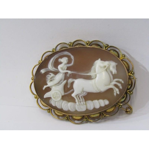 39 - VICTORIAN CAMEO BROOCH, 9ct yellow gold oval brooch, decorated a classical scene, chariot with horse... 