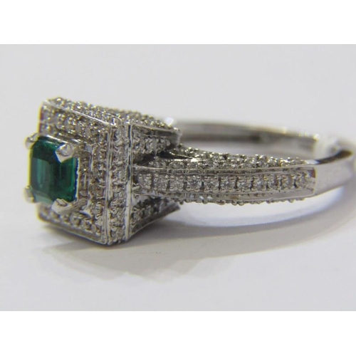 44 - IMPRESSIVE EMERALD & DIAMOND CLUSTER RING, 14ct white gold ring set a square form cushion cut emeral... 