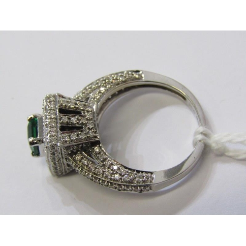 44 - IMPRESSIVE EMERALD & DIAMOND CLUSTER RING, 14ct white gold ring set a square form cushion cut emeral... 