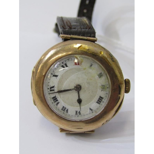 49 - 1920s GOLD WATCH, 9ct yellow gold wrist watch with white enamel dial and Roman numerals, on leather ... 