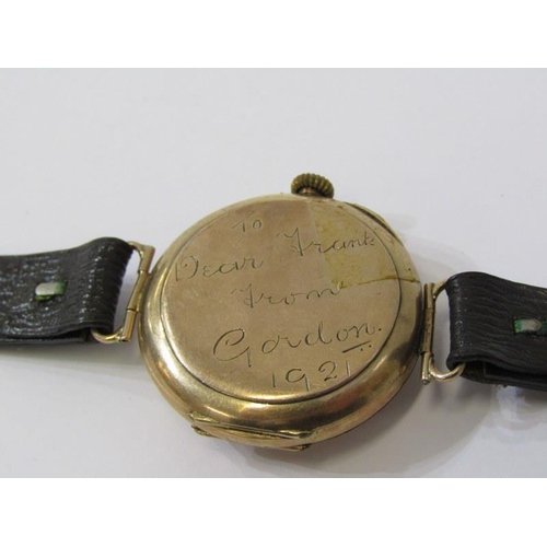 49 - 1920s GOLD WATCH, 9ct yellow gold wrist watch with white enamel dial and Roman numerals, on leather ... 