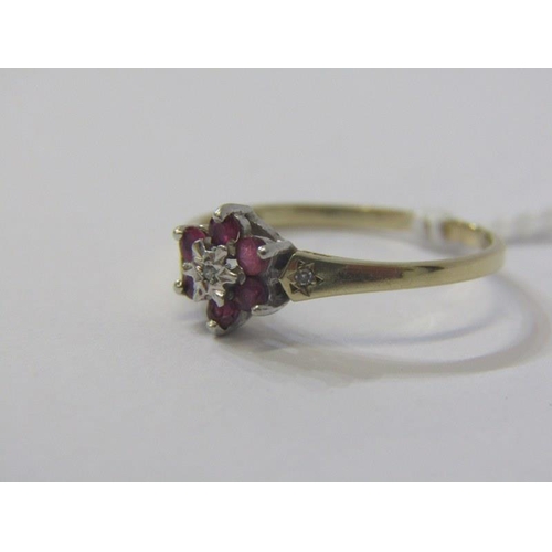 52 - RUBY & DIAMOND CLUSTER RING, 9ct gold ring, set a central diamond, surrounded by a cluster of 6 rubi... 