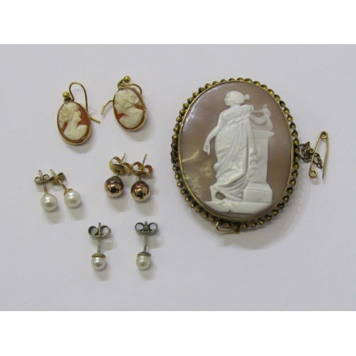 54 - EARRINGS & CAMEO, pinchbeck oval shell cameo, decorated a maiden in classical dress, 5cm, also 3 pai... 