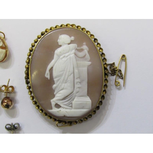 54 - EARRINGS & CAMEO, pinchbeck oval shell cameo, decorated a maiden in classical dress, 5cm, also 3 pai... 