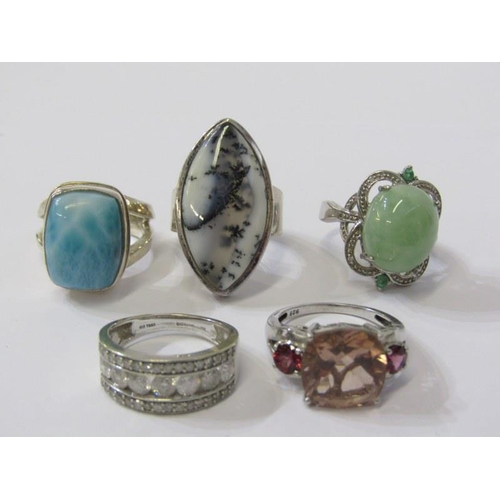 59 - 5 SILVER STONESET RINGS, various design and sizes