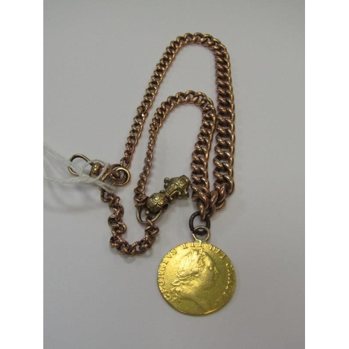 8 - GOLD WATCH CHAIN mounted a Guinea, 1787 gold Guinea on a 9ct rose gold curb link watch chain, 16