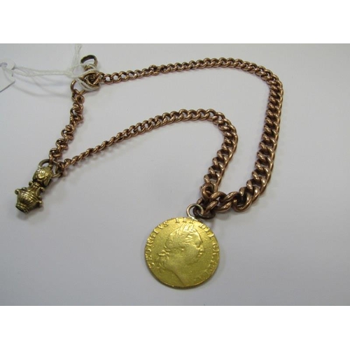 8 - GOLD WATCH CHAIN mounted a Guinea, 1787 gold Guinea on a 9ct rose gold curb link watch chain, 16