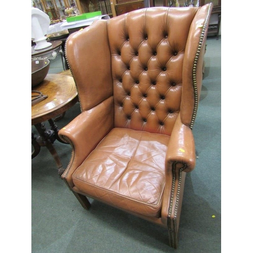 794 - GEORGIAN DESIGN BUTTON BACK WING ARMCHAIR with brass studding trim