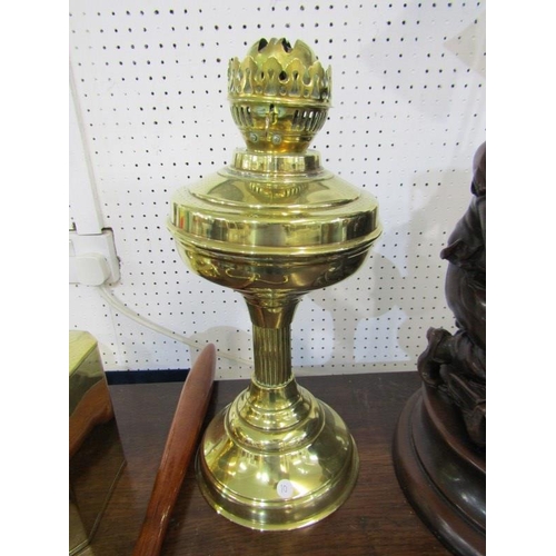 104 - BRASSWARE, antique brass coat hanger, octagonal caddy and oil lamp base