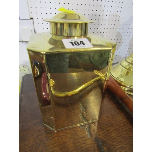 104 - BRASSWARE, antique brass coat hanger, octagonal caddy and oil lamp base