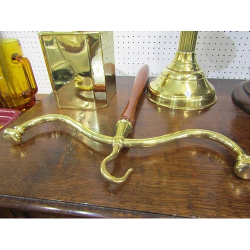 104 - BRASSWARE, antique brass coat hanger, octagonal caddy and oil lamp base