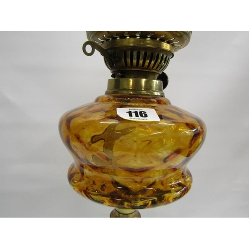 116 - EDWARDIAN OIL LAMP, brass column support oil lamp and amber glass reservoir and frosted shade