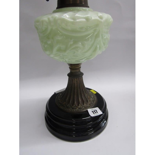 117 - EDWARDIAN OIL LAMP, brass circular base oil lamp with milk glass reservoir