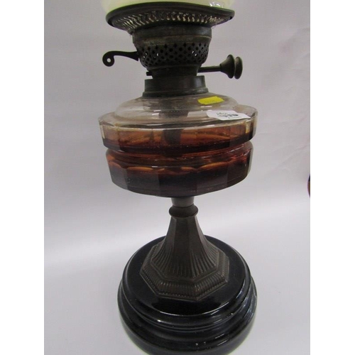 119 - EDWARDIAN OIL LAMP, brass octagonal base oil lamp with cut glass reservoir and replacement shade