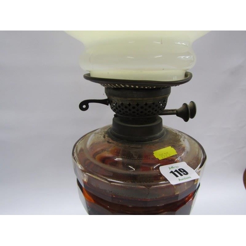 119 - EDWARDIAN OIL LAMP, brass octagonal base oil lamp with cut glass reservoir and replacement shade