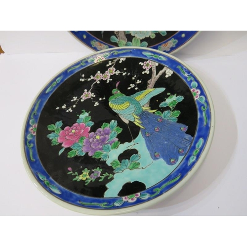 14 - ORIENTAL CERAMICS, two Japanese exotic bird design shallow 31cm dishes