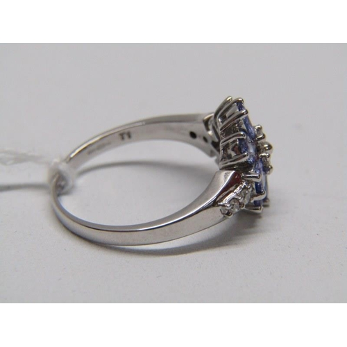 146 - DIAMOND & TANZANITE CLUSTER RING, 14ct white gold ring set a cluster of 4 diamonds surrounded by tan... 