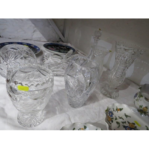 15 - CUT GLASS, Grape & vine cut glass vase, decanter, salad bowl & other glassware