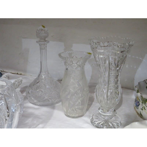 15 - CUT GLASS, Grape & vine cut glass vase, decanter, salad bowl & other glassware