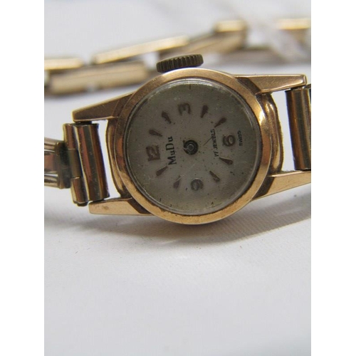 159 - GOLD CASED WRIST WATCH, MuDu lady's 18ct gold cased wrist watch on expandable rolled gold strap (no ... 