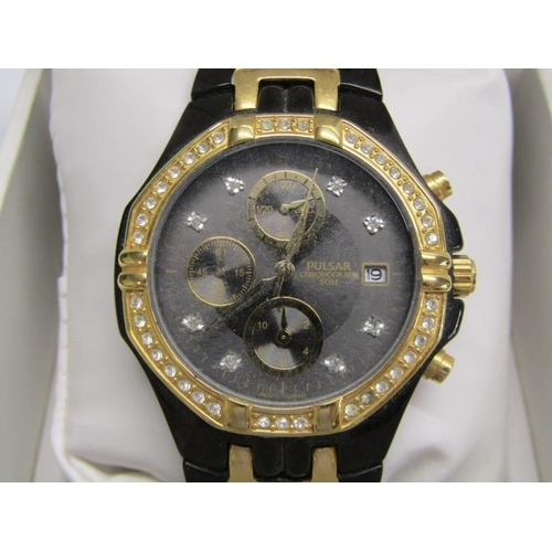 179 - GENT'S PULSAR DRESS WATCH, black dial chronograph with gem set bezel in fitted case