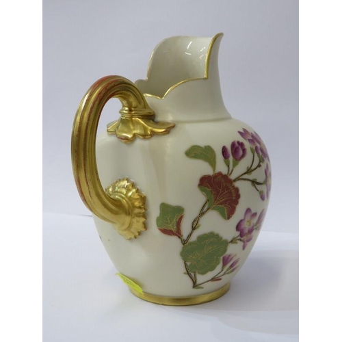 2 - ROYAL WORCESTER, gilt handled ivory ground floral decorated ewer jug, pattern no. 1094 together with... 