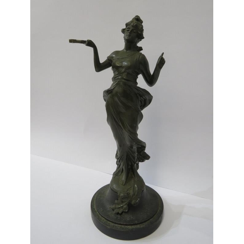 24 - METALWARE, Edwardian spelter figure of young lady 30cm height (AF) also classical sculpture on marbl... 