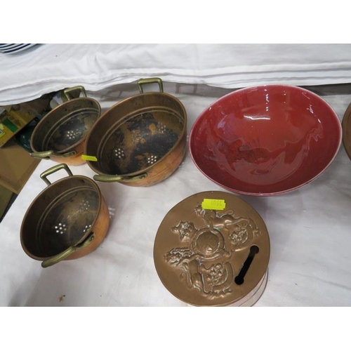 35 - METALWARE, embossed copper money box, copper jelly mould, Studio Pottery box & other pieces of coppe... 