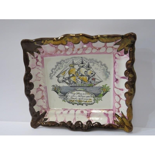 42 - SUNDERLAND LUSTRE SHIP PORTRAIT PLAQUE, impressed Dixon together with Coalport gilded  circular lidd... 