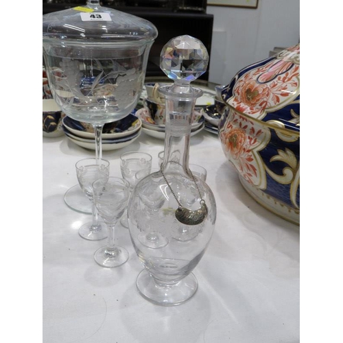 43 - ANTIQUE GLASSWARE, engraved glass liqueur decanter with hallmarked silver whisky label & 6 glasses a... 