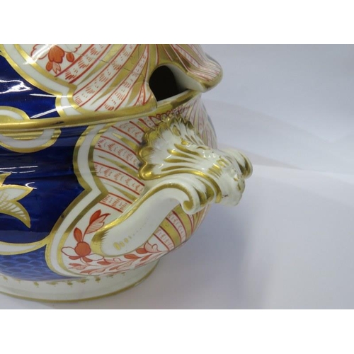 44 - DERBY TUREEN, antique gilded oval twin handled tureen (restoration work)