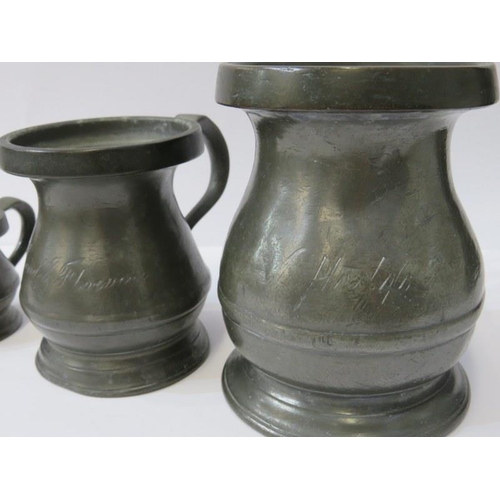 52 - ANTIQUE PEWTER WARE, 3 graduated measures