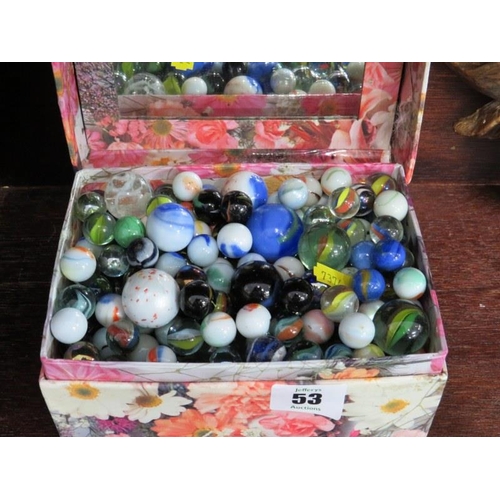 53 - MARBLES, collection of assorted colour glass marbles together with decorative fruit relief framed mi... 