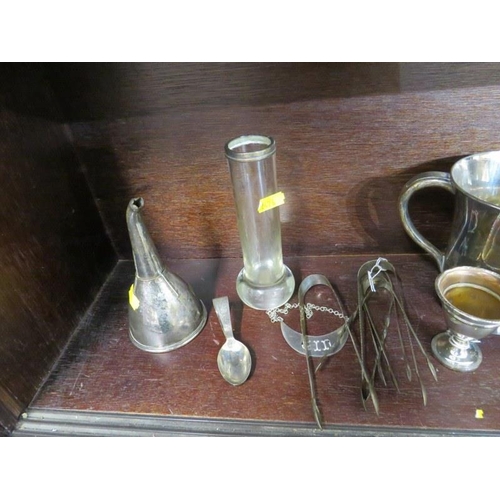 63 - SILVERPLATE, Victorian decanter stand, sugar tongs, wine funnel & contents of shelf